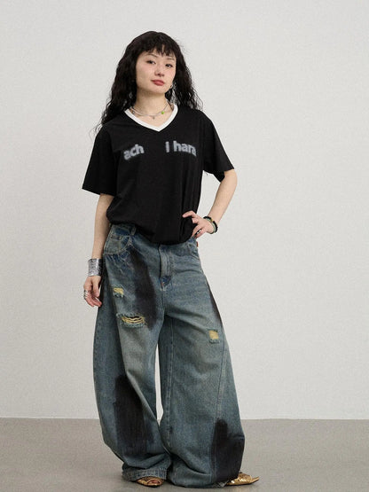 V-Neck Relaxed Tee With Melting Ice Design