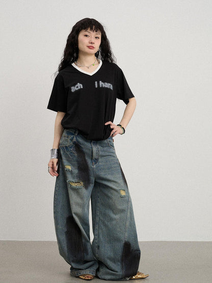 Achihara V-Neck Relaxed Tee With Melting Ice Design