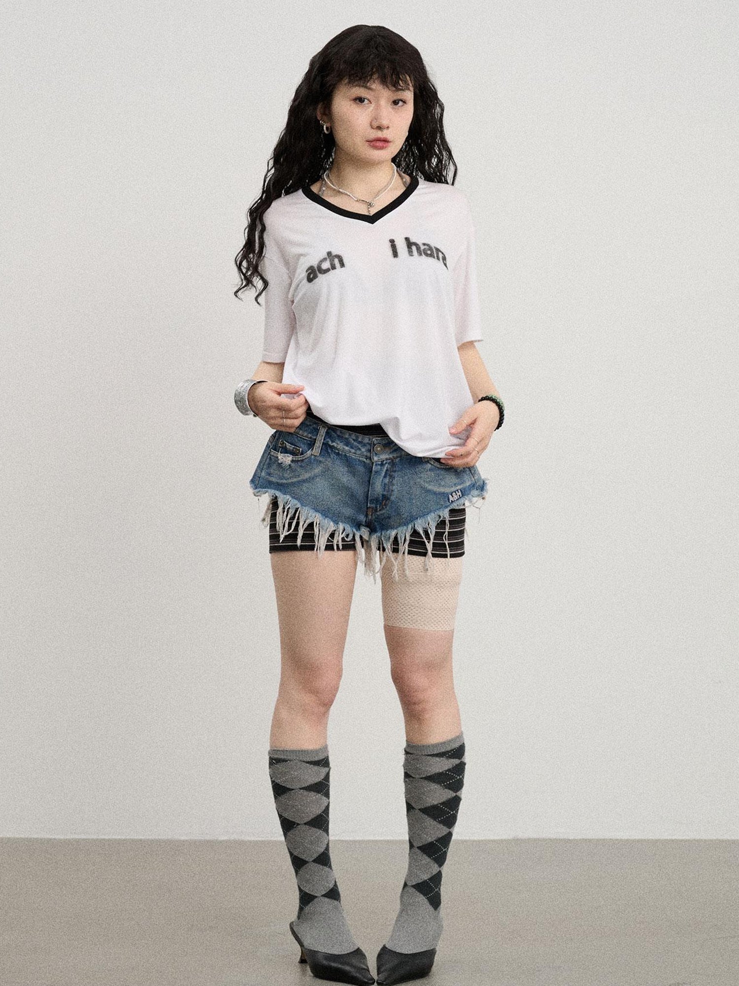 Achihara V-Neck Relaxed Tee With Melting Ice Design