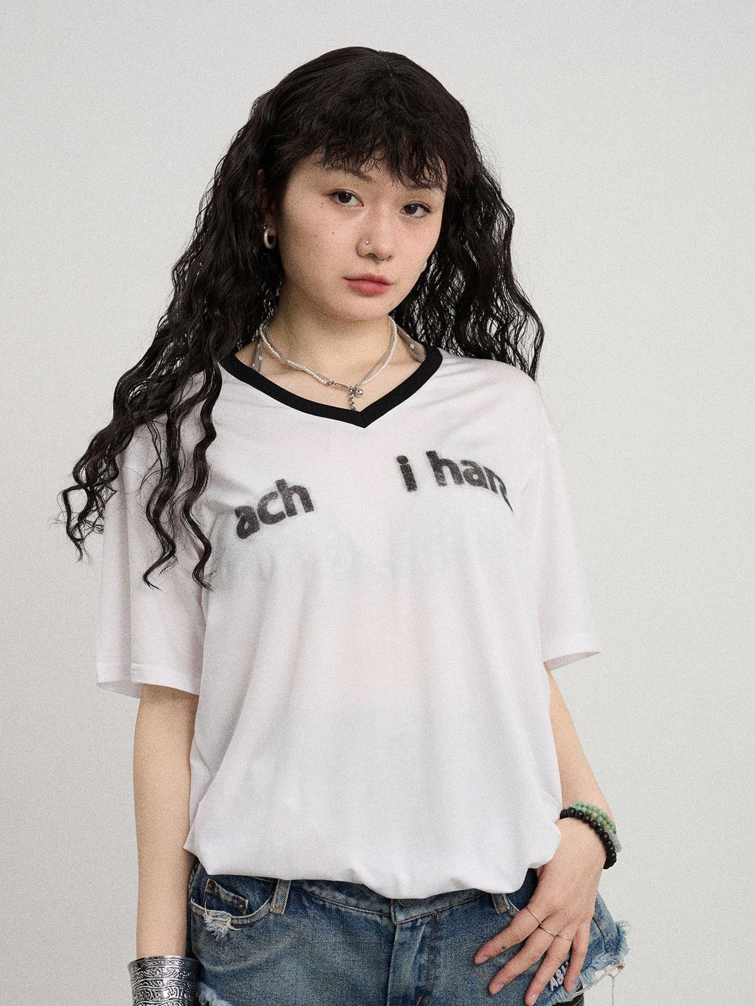 Achihara V-Neck Relaxed Tee With Melting Ice Design