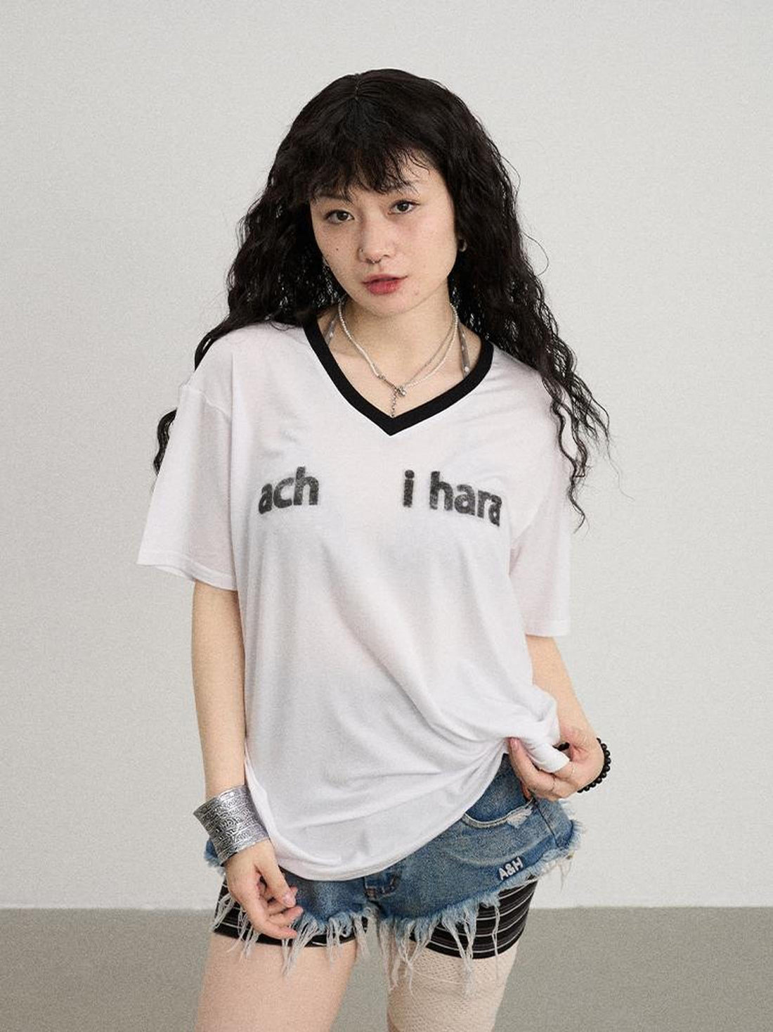 Achihara V-Neck Relaxed Tee With Melting Ice Design