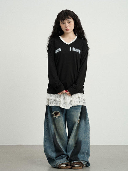 Achihara V-Neck Relaxed Tee With Melting Ice Design