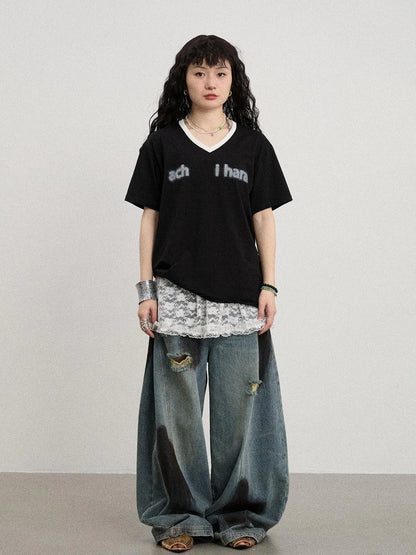 V-Neck Relaxed Tee With Melting Ice Design