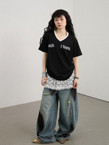 Achihara V-Neck Relaxed Tee With Melting Ice Design