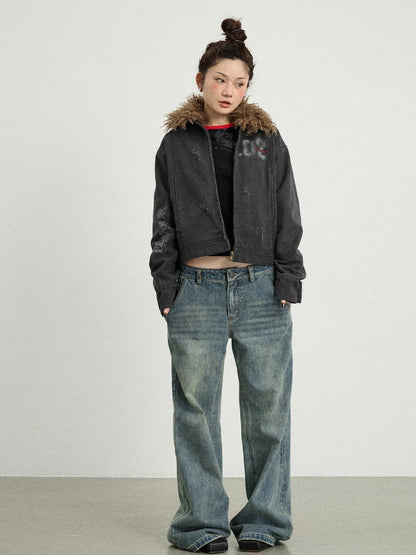 Vintage Cropped Denim Jacket With Detachable Fur Collar