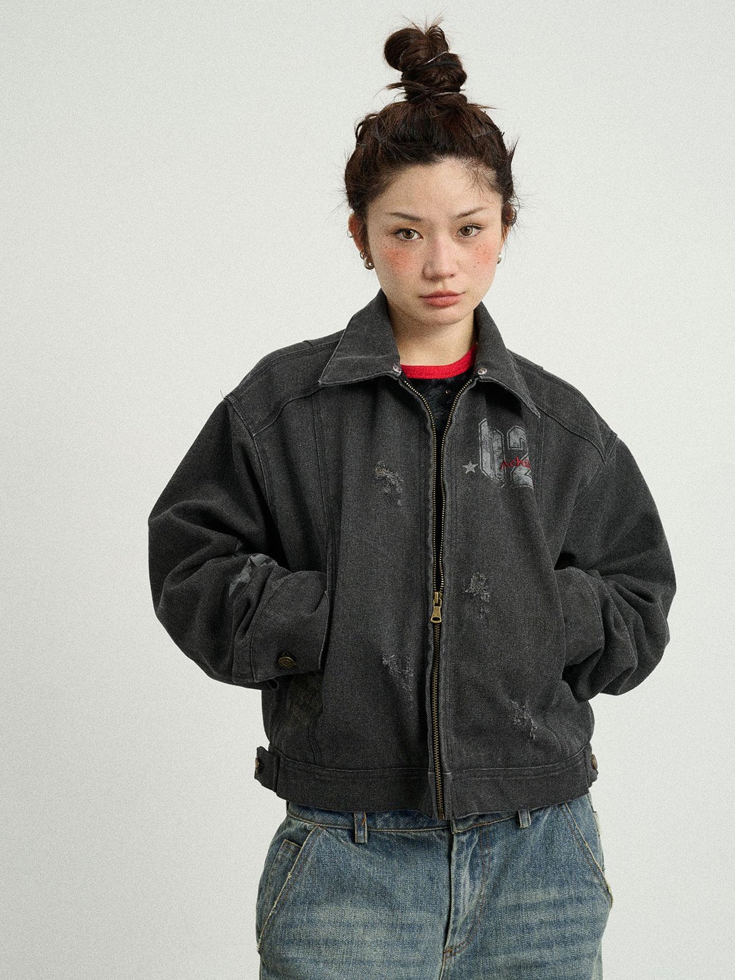 Achihara Vintage Cropped Denim Jacket With Detachable Fur Collar