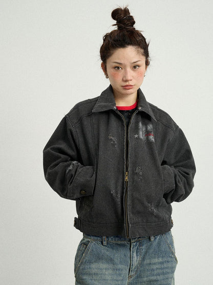 Achihara Vintage Cropped Denim Jacket With Detachable Fur Collar