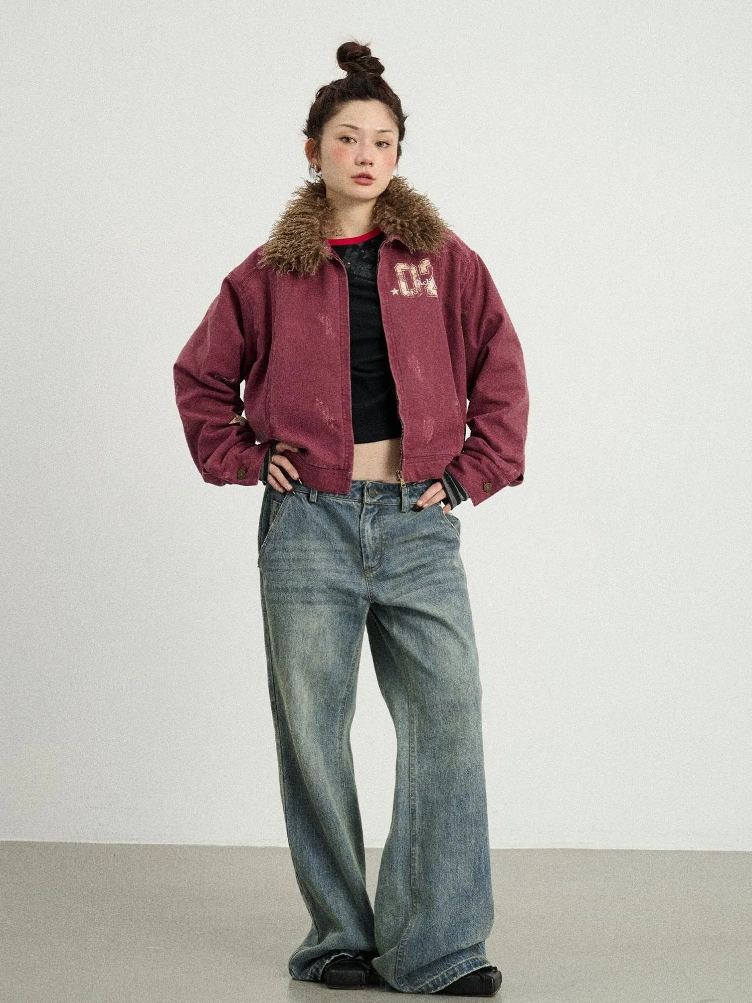 Vintage Cropped Denim Jacket With Detachable Fur Collar