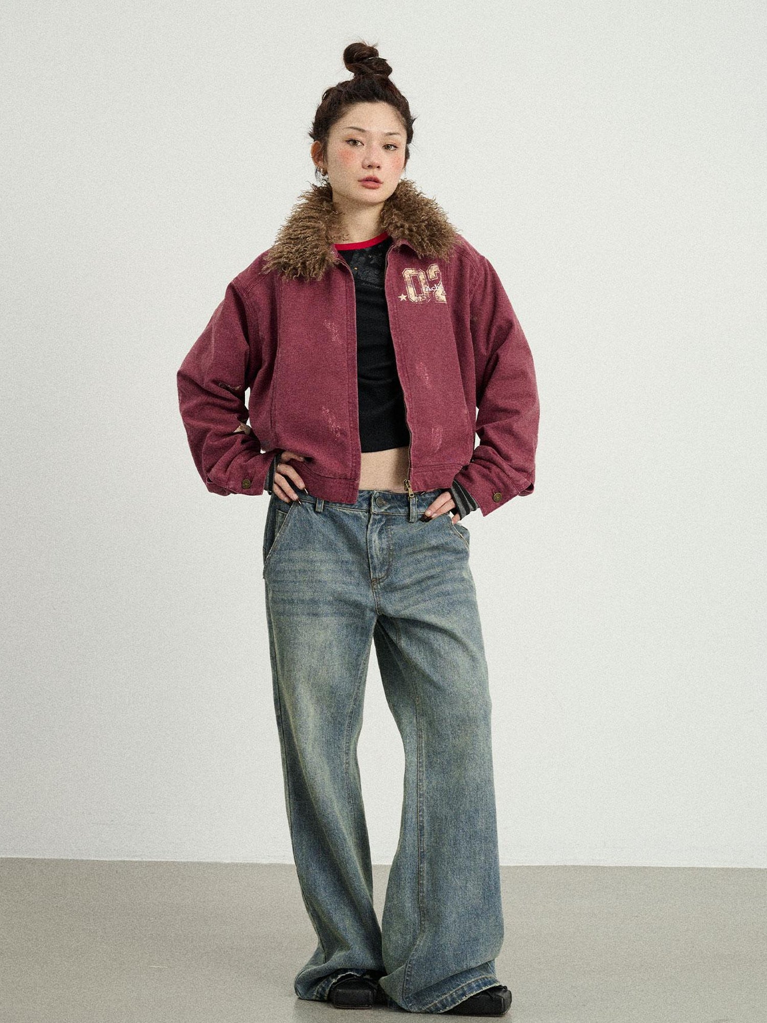 Achihara Vintage Cropped Denim Jacket With Detachable Fur Collar