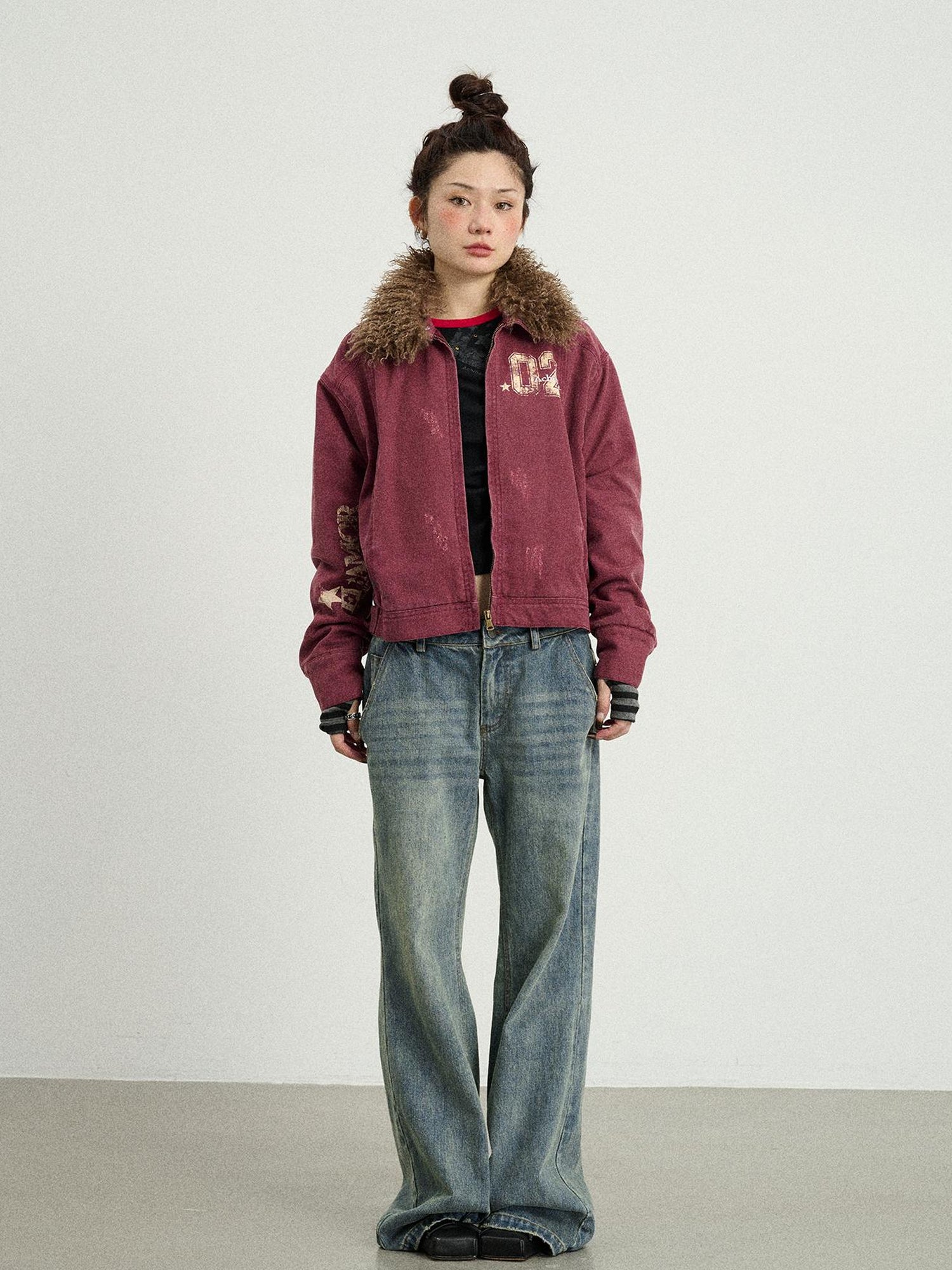 Achihara Vintage Cropped Denim Jacket With Detachable Fur Collar