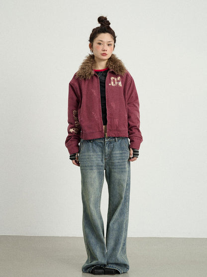 Achihara Vintage Cropped Denim Jacket With Detachable Fur Collar