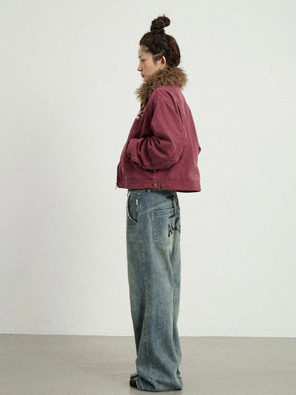 Vintage Cropped Denim Jacket With Detachable Fur Collar