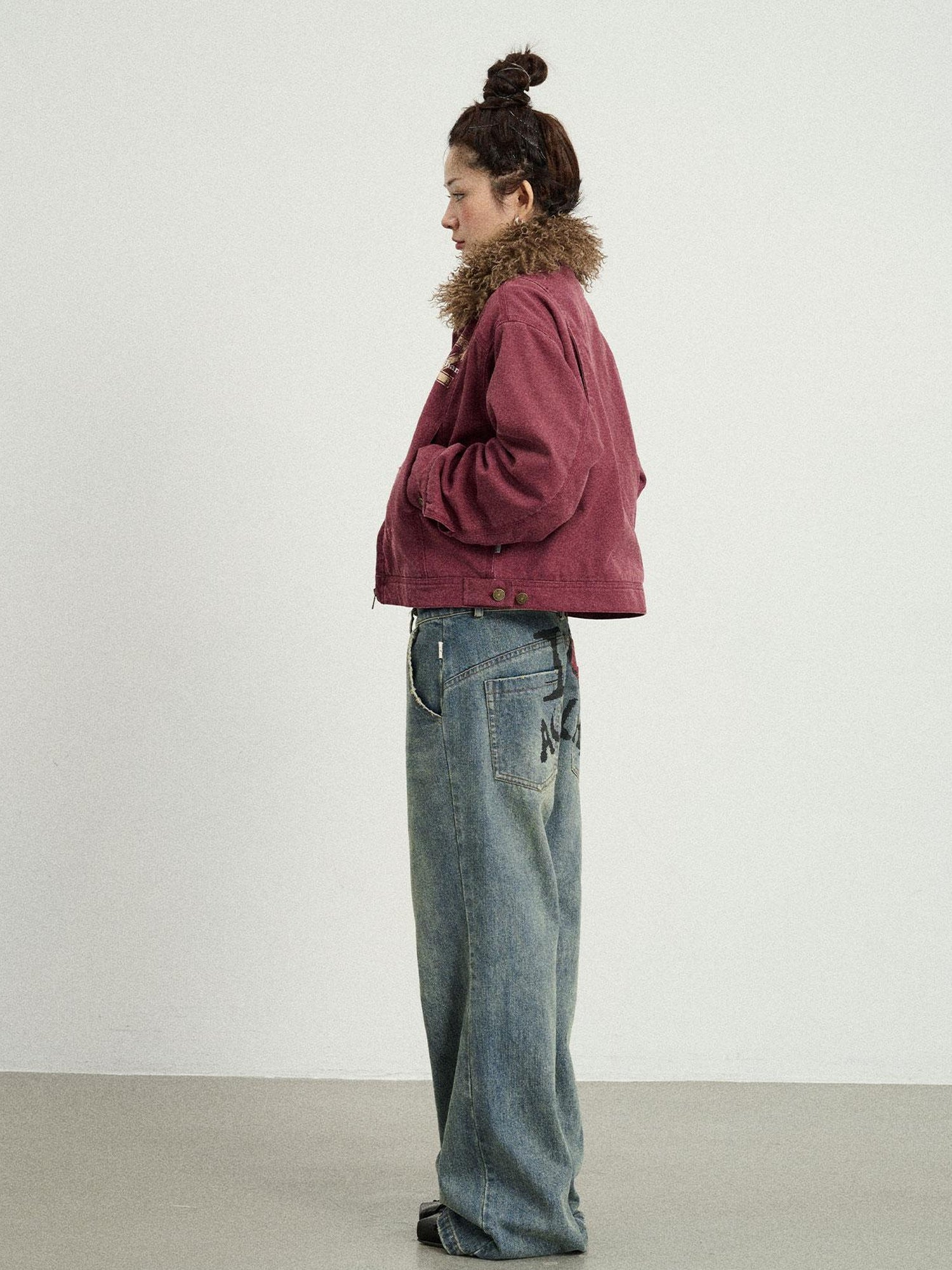 Achihara Vintage Cropped Denim Jacket With Detachable Fur Collar