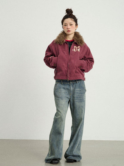 Achihara Vintage Cropped Denim Jacket With Detachable Fur Collar