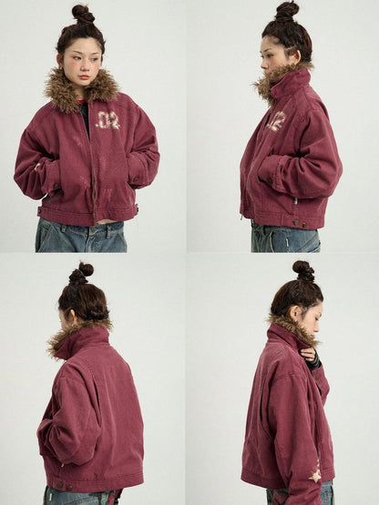 Vintage Cropped Denim Jacket With Detachable Fur Collar