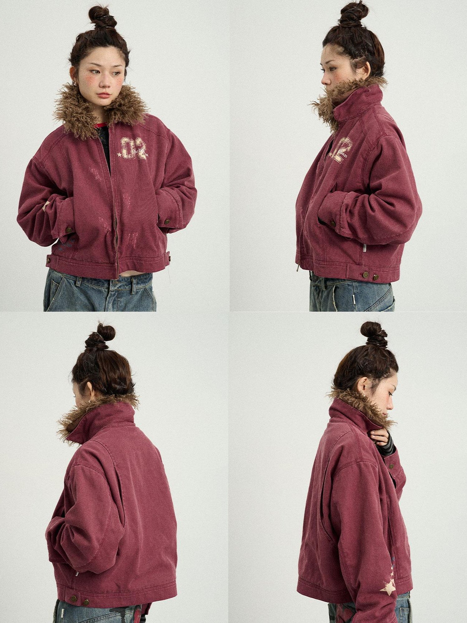 Achihara Vintage Cropped Denim Jacket With Detachable Fur Collar