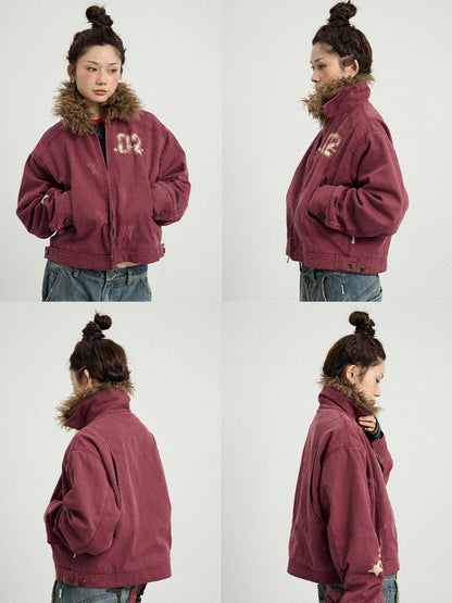 Achihara Vintage Cropped Denim Jacket With Detachable Fur Collar