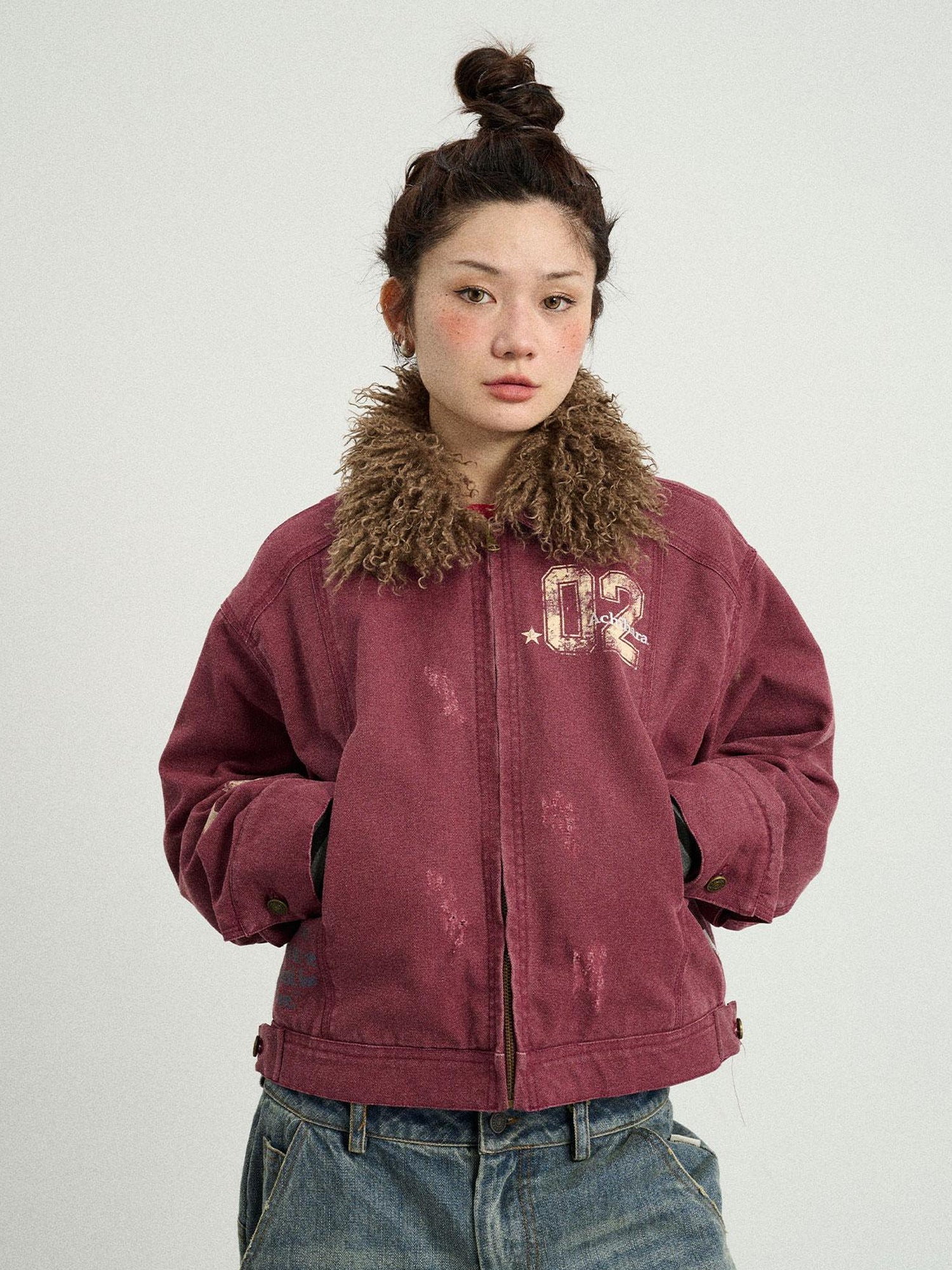 Achihara Vintage Cropped Denim Jacket With Detachable Fur Collar