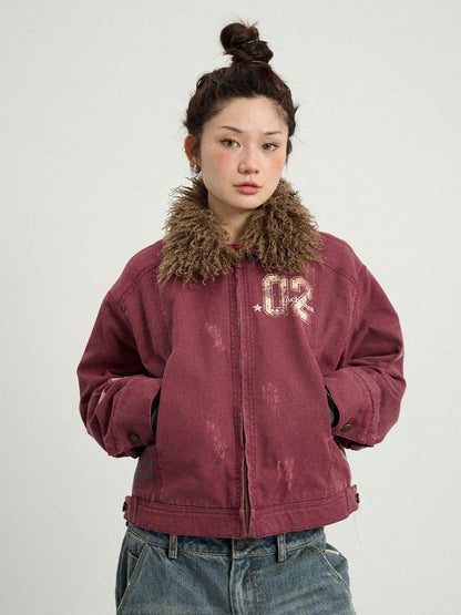 Achihara Vintage Cropped Denim Jacket With Detachable Fur Collar