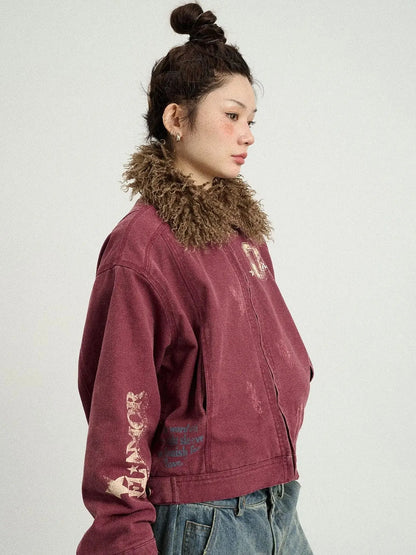 Vintage Cropped Denim Jacket With Detachable Fur Collar