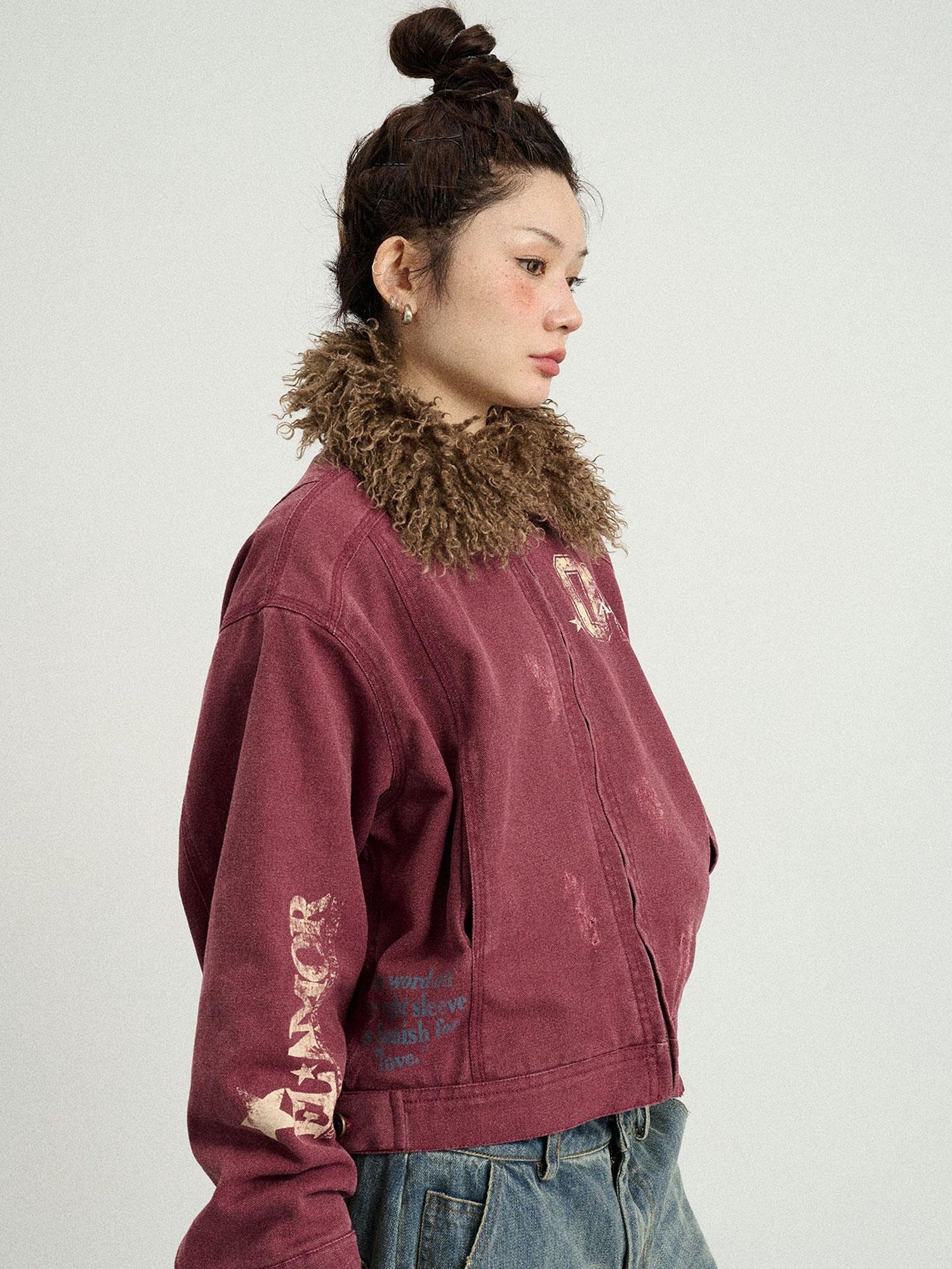 Achihara Vintage Cropped Denim Jacket With Detachable Fur Collar