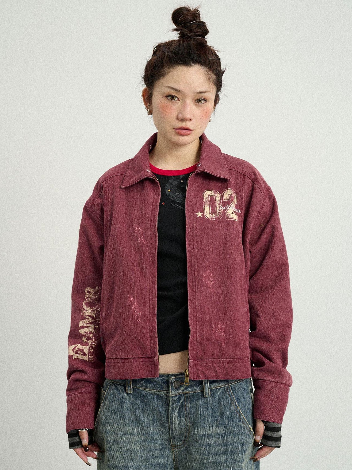 Achihara Vintage Cropped Denim Jacket With Detachable Fur Collar