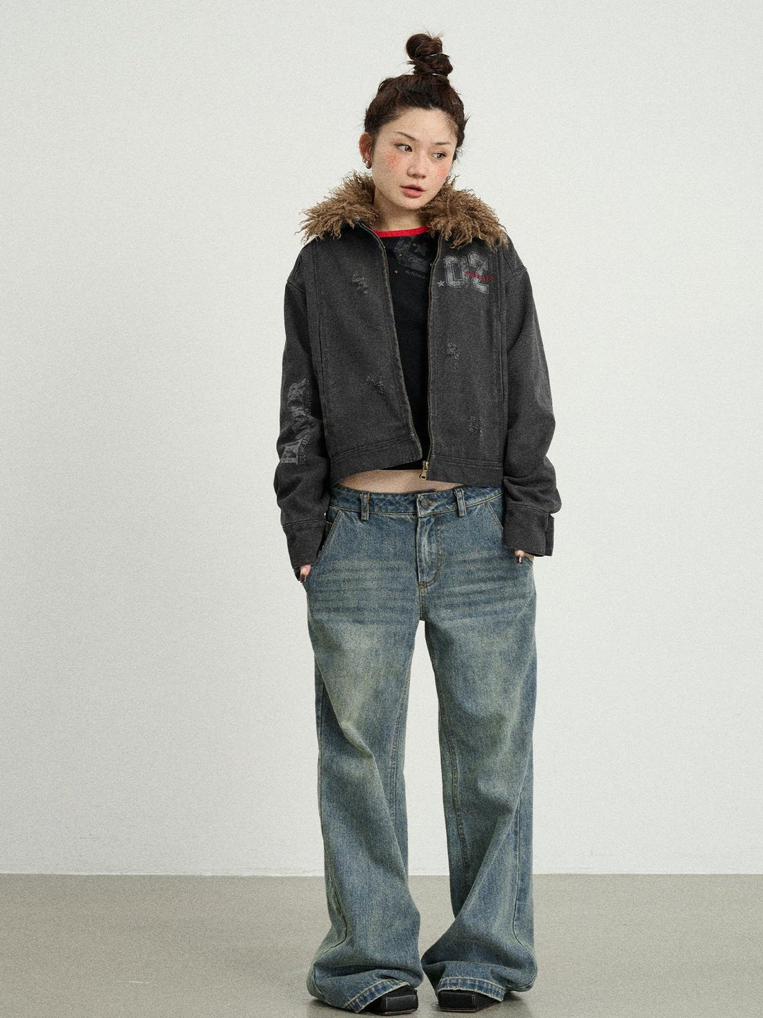 Achihara Vintage Cropped Denim Jacket With Detachable Fur Collar