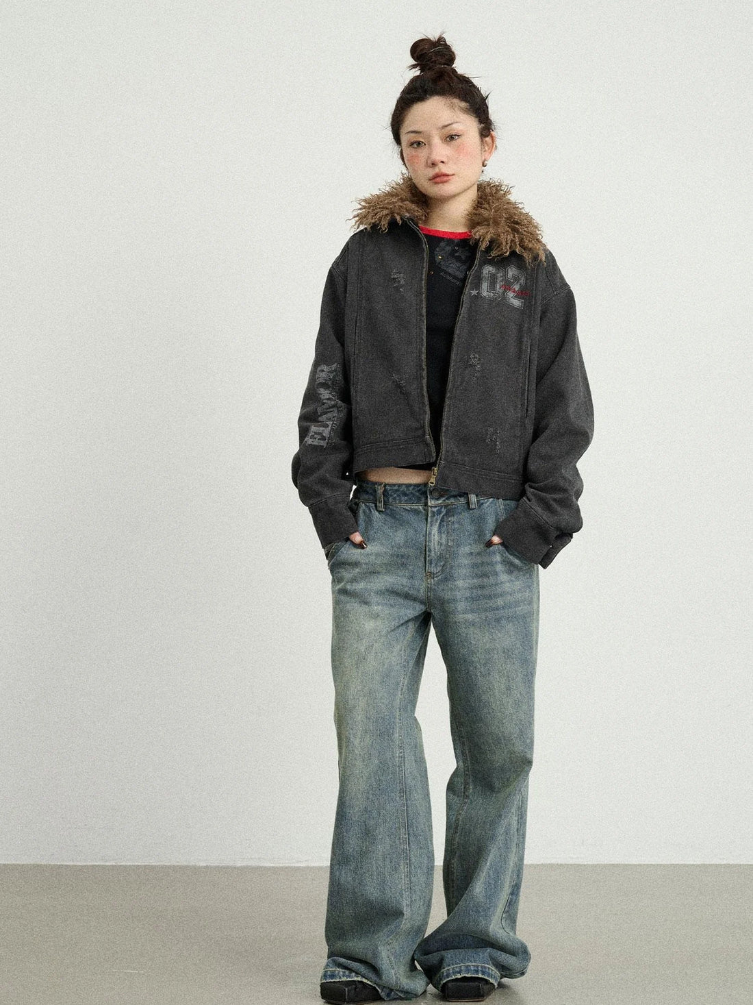 Vintage Cropped Denim Jacket With Detachable Fur Collar