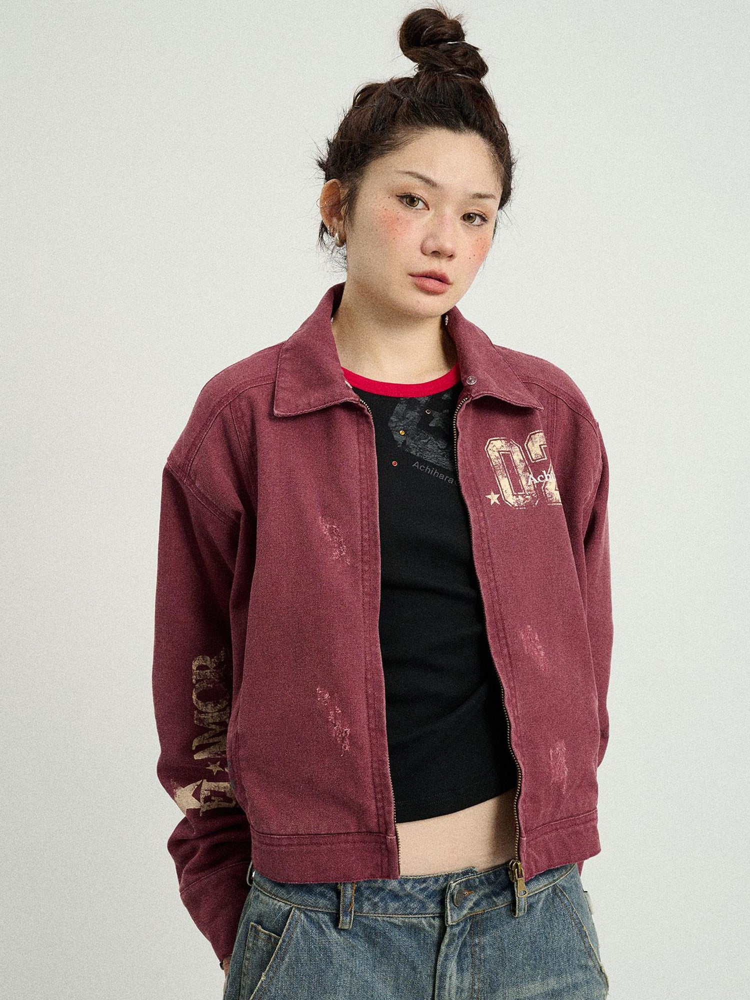 Achihara Vintage Cropped Denim Jacket With Detachable Fur Collar