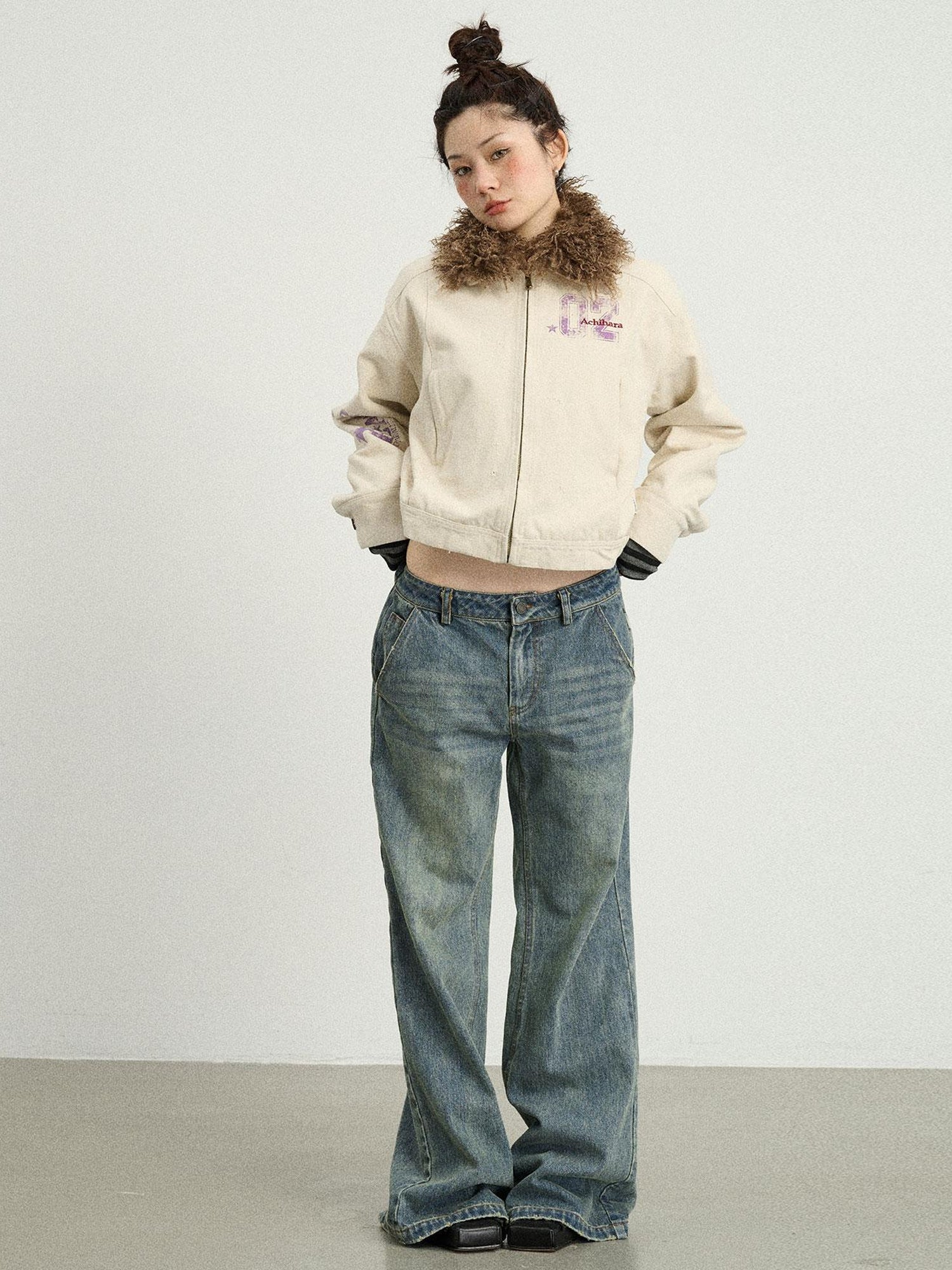 Achihara Vintage Cropped Denim Jacket With Detachable Fur Collar