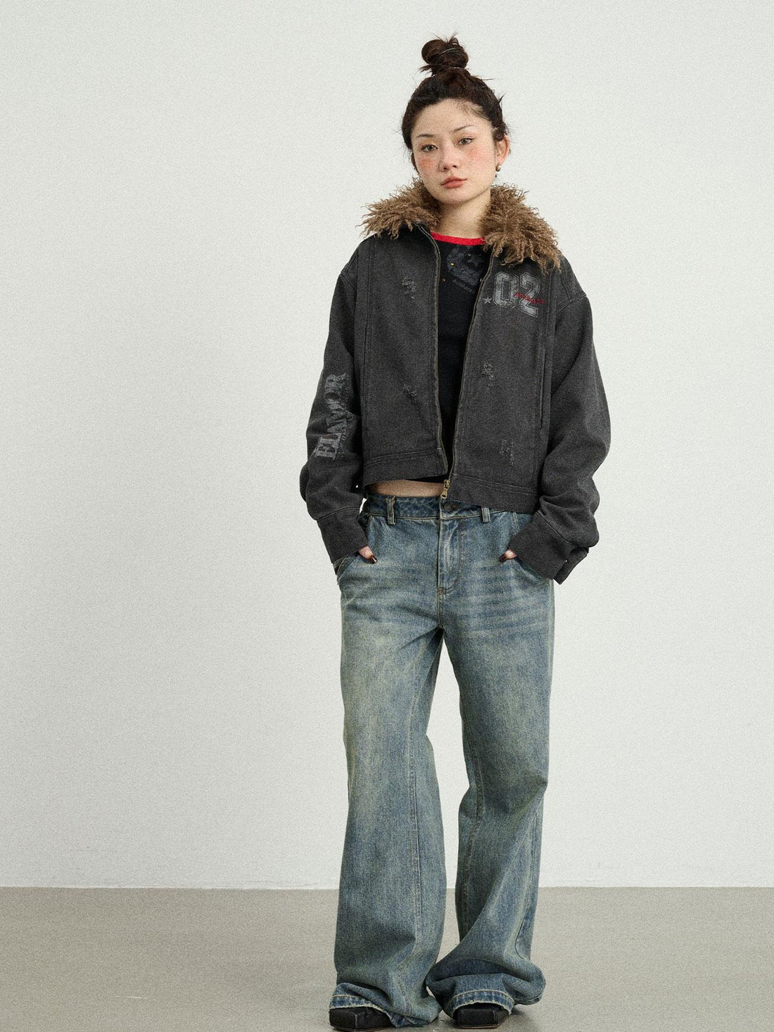Achihara Vintage Cropped Denim Jacket With Detachable Fur Collar