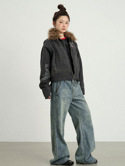 Achihara Vintage Cropped Denim Jacket With Detachable Fur Collar