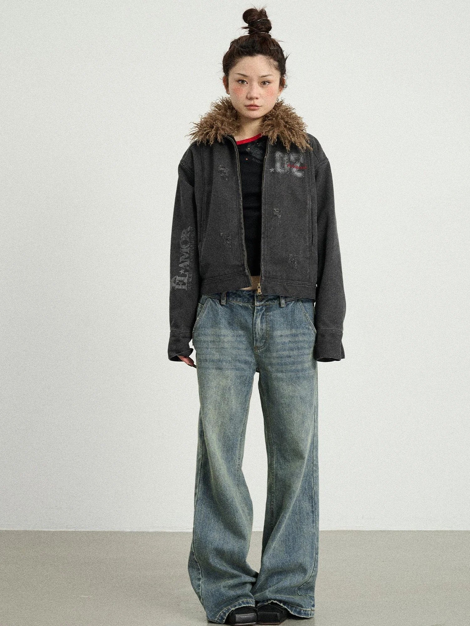 Vintage Cropped Denim Jacket With Detachable Fur Collar