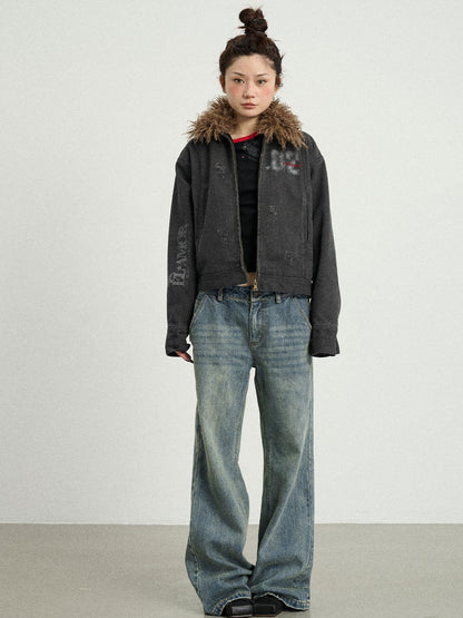 Achihara Vintage Cropped Denim Jacket With Detachable Fur Collar