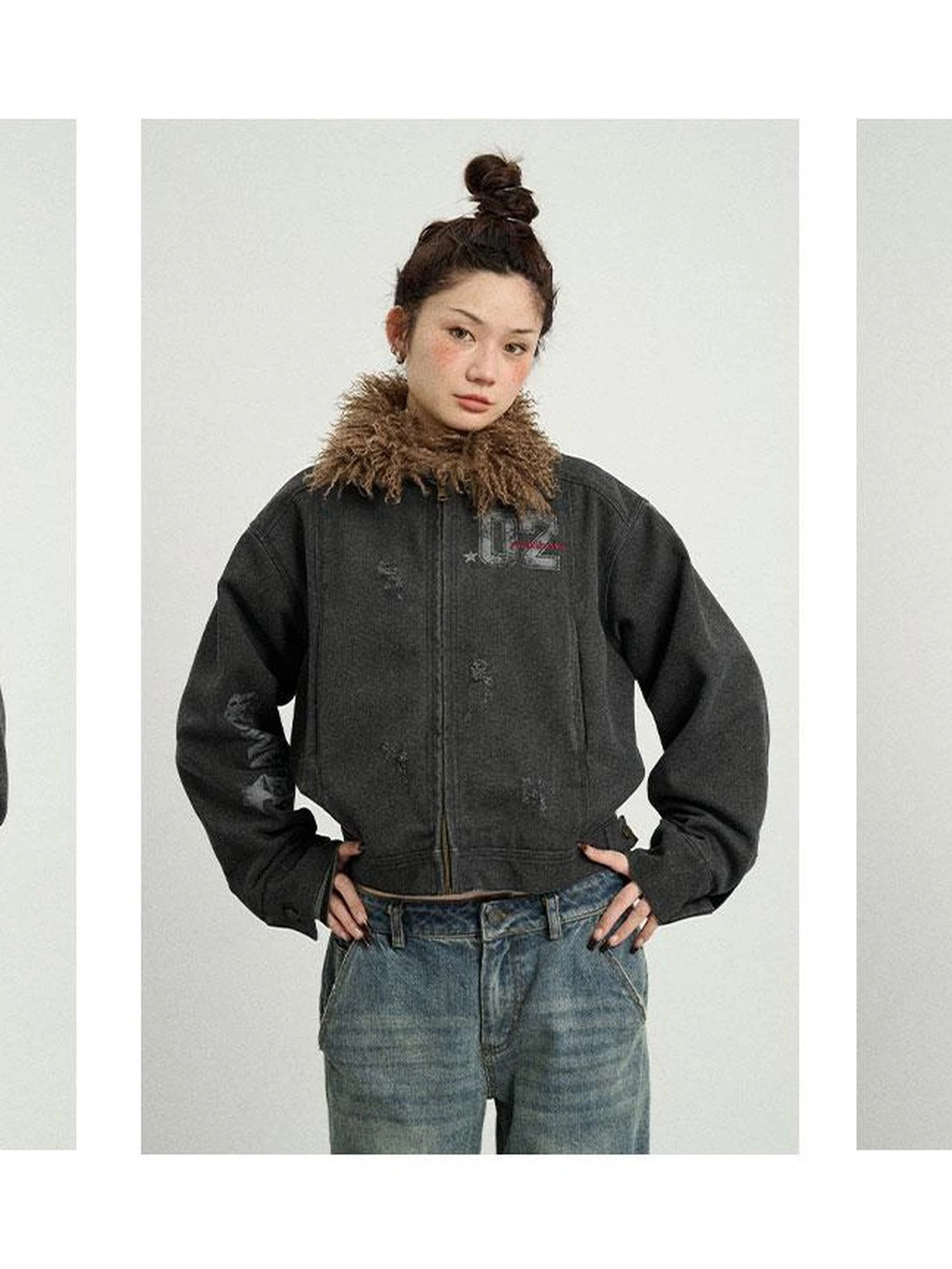 Vintage Cropped Denim Jacket With Detachable Fur Collar
