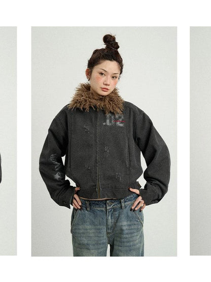 Vintage Cropped Denim Jacket With Detachable Fur Collar