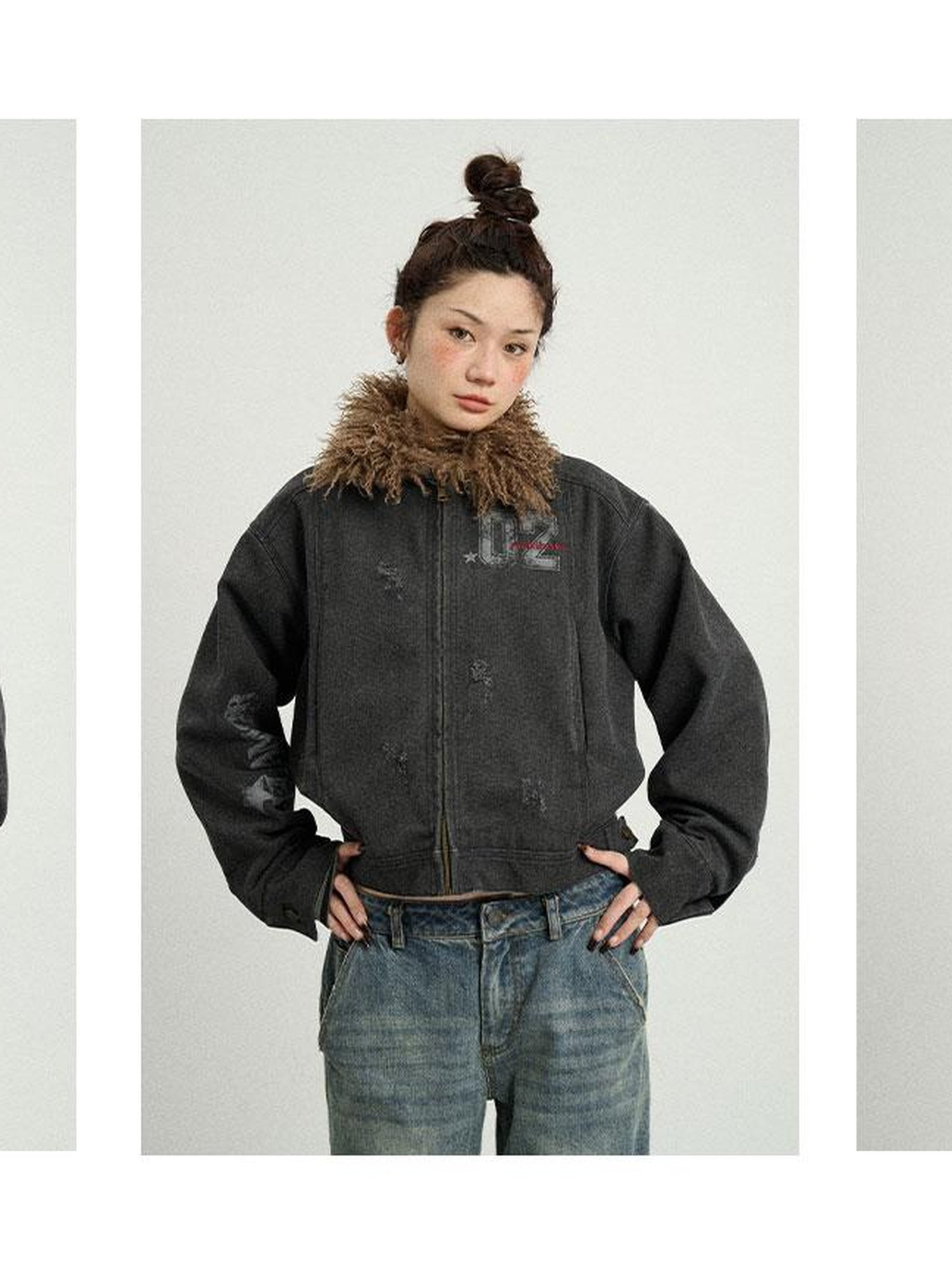 Achihara Vintage Cropped Denim Jacket With Detachable Fur Collar