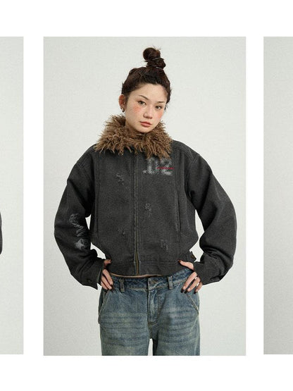 Achihara Vintage Cropped Denim Jacket With Detachable Fur Collar