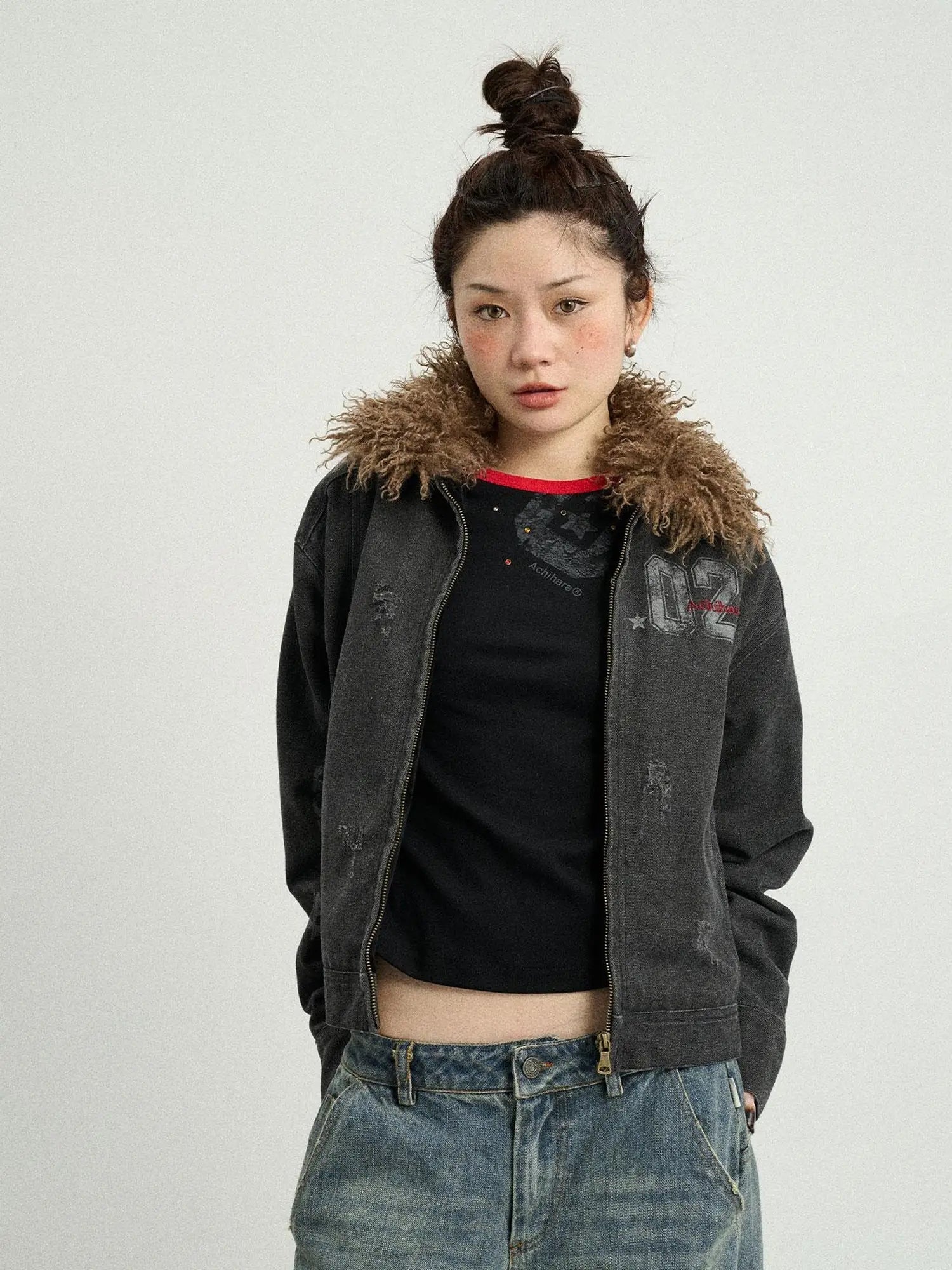 Vintage Cropped Denim Jacket With Detachable Fur Collar