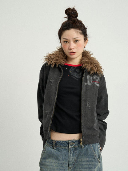 Achihara Vintage Cropped Denim Jacket With Detachable Fur Collar