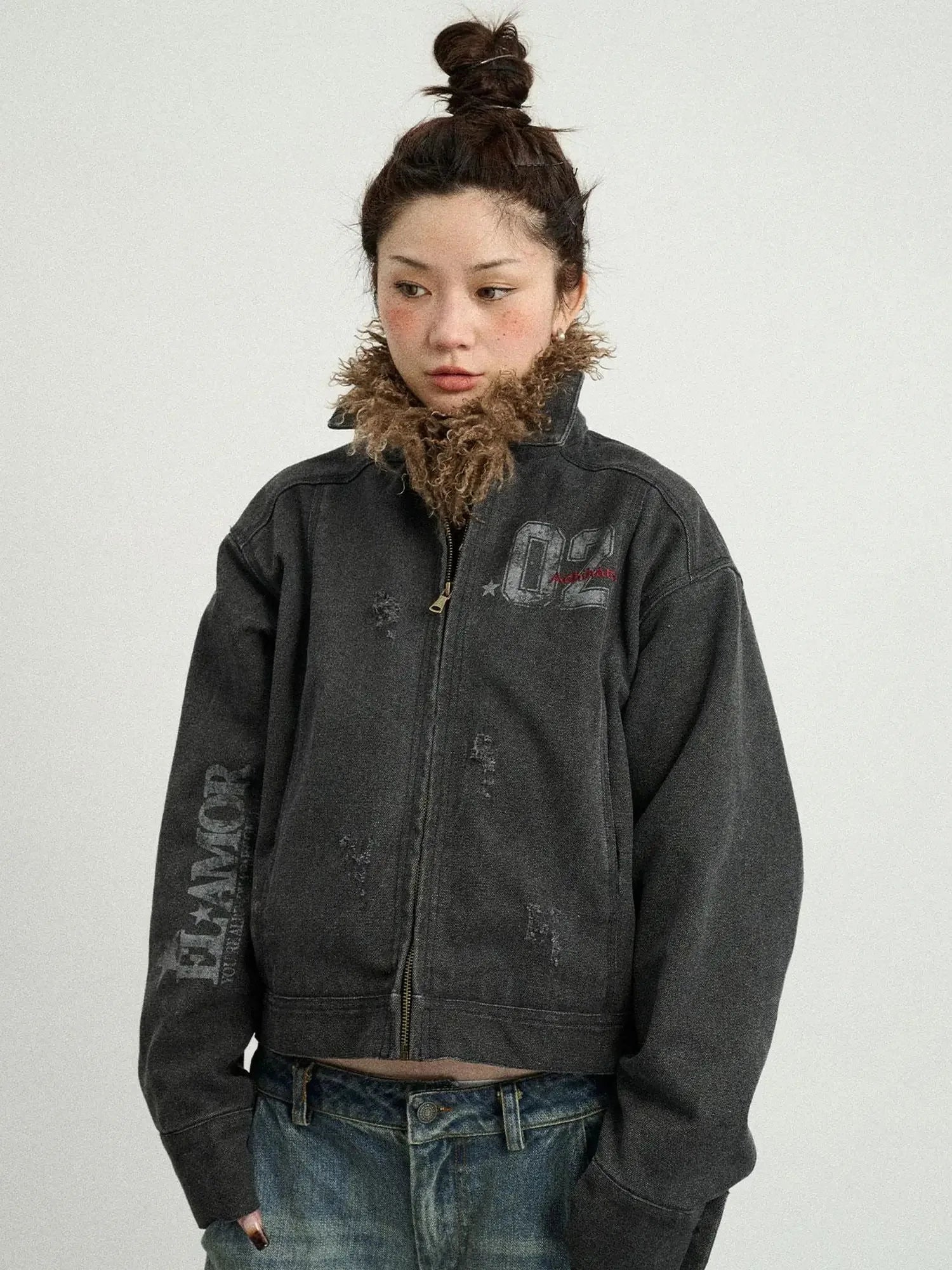 Vintage Cropped Denim Jacket With Detachable Fur Collar