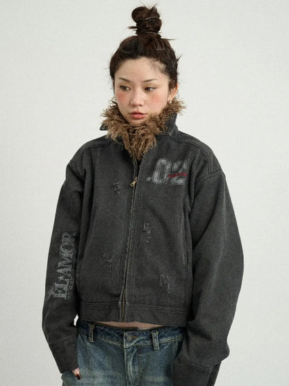 Vintage Cropped Denim Jacket With Detachable Fur Collar