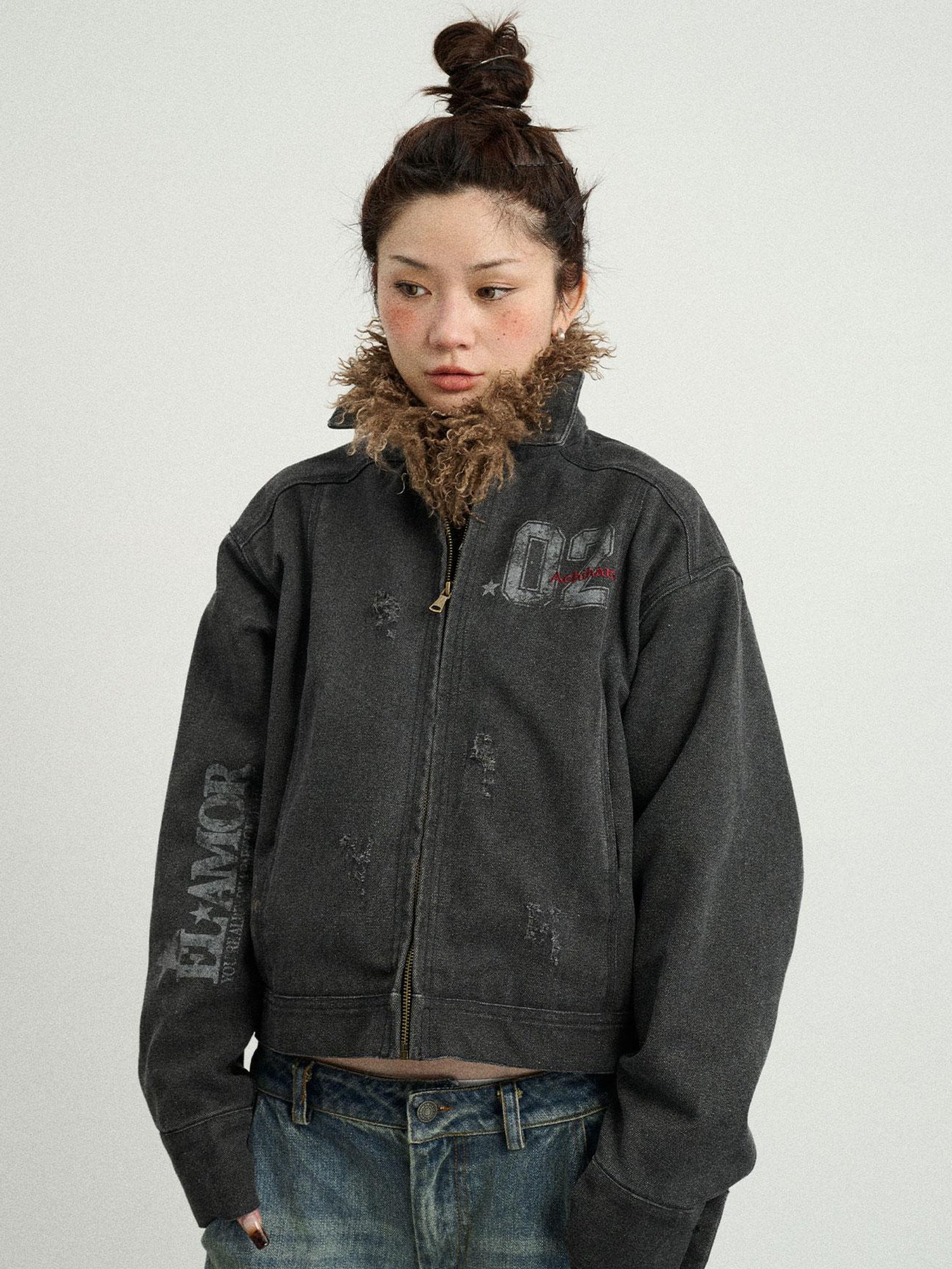 Achihara Vintage Cropped Denim Jacket With Detachable Fur Collar