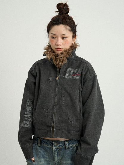 Achihara Vintage Cropped Denim Jacket With Detachable Fur Collar