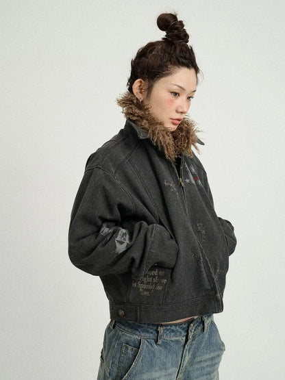 Vintage Cropped Denim Jacket With Detachable Fur Collar