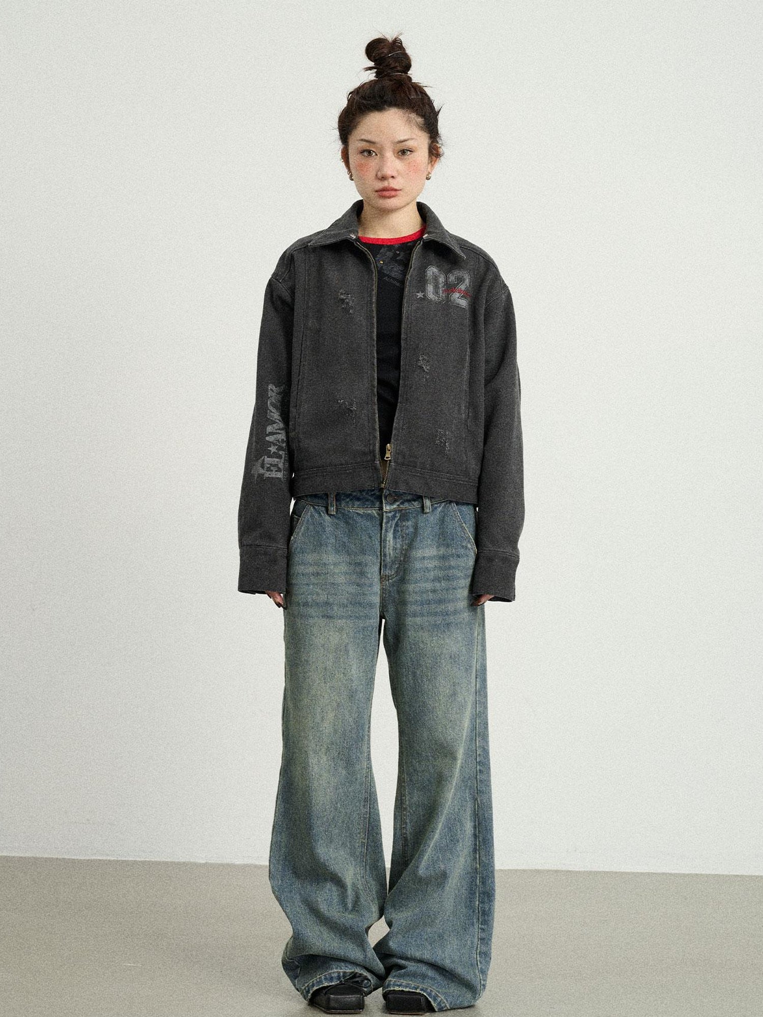 Achihara Vintage Cropped Denim Jacket With Detachable Fur Collar