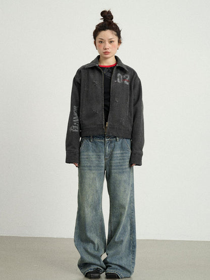 Achihara Vintage Cropped Denim Jacket With Detachable Fur Collar