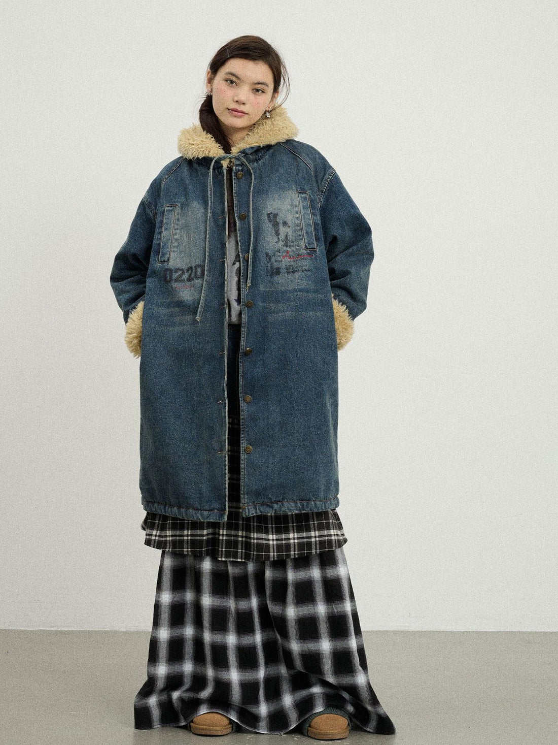 Achihara Vintage Denim Coat With Sherpa Lining