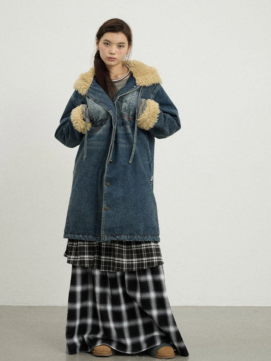 Vintage Denim Coat With Sherpa Lining