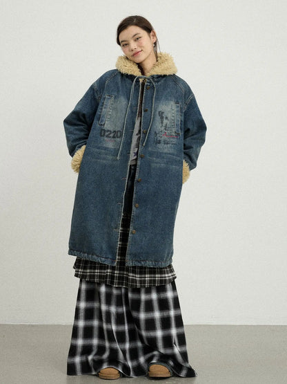 Vintage Denim Coat With Sherpa Lining